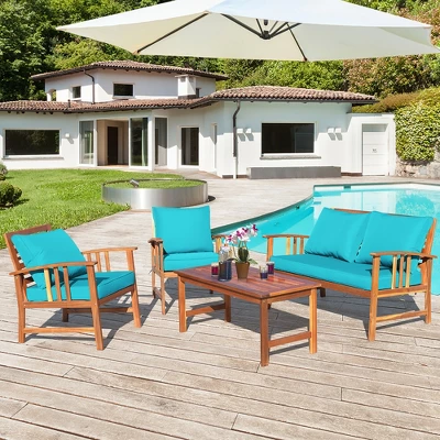 Costway 8PCS Wooden Patio Furniture Set Table Sofa Chair Cushioned Garden Turquoise 3 Costway 8PCS Wooden Patio Furniture Set Table Sofa Chair Cushioned Garden Turquoise - Image 3