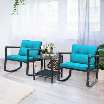 Costway 3PCS Patio Rattan Furniture Set Rocking Chairs Cushioned Sofa 3 Costway 3PCS Patio Rattan Furniture Set Rocking Chairs Cushioned Sofa - Image 3