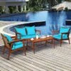 Costway 4PCS Patio Rattan Furniture Set Acacia Wood Frame Cushioned Sofa Chair Turquoise