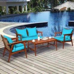 Costway 4PCS Patio Rattan Furniture Set Acacia Wood Frame Cushioned Sofa Chair Turquoise