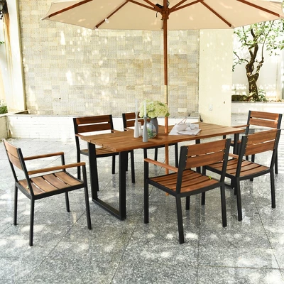 Costway 7PCS Patented Patio Dining Chair Table Set Acacia Wood Backyard W/Umbrella Hole 4 Costway 7PCS Patented Patio Dining Chair Table Set Acacia Wood Backyard W/Umbrella Hole - Image 4