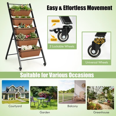 Costway 5-Tier Vertical Raised Garden Bed Elevated Planter With Wheels & Container Boxes Brown 8 Costway 5-Tier Vertical Raised Garden Bed Elevated Planter With Wheels & Container Boxes Brown - Image 8