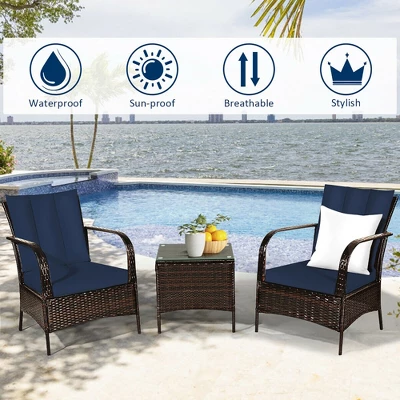 Costway 3 PCS Patio Rattan Furniture Set Coffee Table & 2 Rattan Chair W/Navy Cushions 6 Costway 3 PCS Patio Rattan Furniture Set Coffee Table & 2 Rattan Chair W/Navy Cushions - Image 6