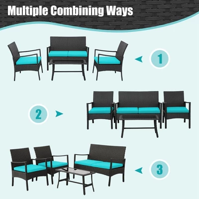 Costway 4PCS Patio Wicker Furniture Set Cushioned Chairs& Loveseat With Coffee Table Garden 4 Costway 4PCS Patio Wicker Furniture Set Cushioned Chairs& Loveseat With Coffee Table Garden - Image 4