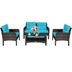 Costway 4PCS Patio Rattan Furniture Set Loveseat Sofa Coffee Table W/Turquoise Cushion -Costway GUEST f57c9fde f1a2 48f8 aa9f 23d6c4f9050f