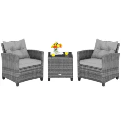 Costway 3PCS Patio Rattan Furniture Bistro Set Cushioned Sofas Side Table Armrest Grey 11 Costway 3PCS Patio Rattan Furniture Bistro Set Cushioned Sofas Side Table Armrest Grey -Costway GUEST f5a499b4 485f 4014 83e4 fd9e14c17598
