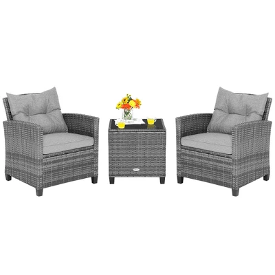 Costway 3PCS Patio Rattan Furniture Bistro Set Cushioned Sofas Side Table Armrest Grey 3 Costway 3PCS Patio Rattan Furniture Bistro Set Cushioned Sofas Side Table Armrest Grey - Image 3