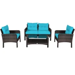 Costway 4PCS Patio Rattan Furniture Set Loveseat Sofa Coffee Table W/Turquoise Cushion -Costway GUEST f6150997 af14 44b0 b090 425fb592f629