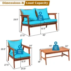 Costway 4PCS Patio Rattan Furniture Set Acacia Wood Frame Cushioned Sofa Chair Turquoise -Costway GUEST f66acaf7 f4e3 4935 9c56 f7827e4bc945 1