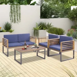 Costway 4pcs Patio Acacia Wood Chair Table Loveseat Cushioned Furniture Set Outdoor Navy