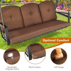 Costway Outdoor 3-Seat Porch Swing With Adjust Canopy And Cushions GrayBrown -Costway GUEST f7b34c9b 82b0 4233 a65f c08b57f49629