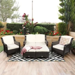 Costway 5PCS Patio Rattan Furniture Set Loveseat Sofa Ottoman W/RedWhite Cushion -Costway GUEST f7fa00b1 5136 440d a562 4f04dc53f358