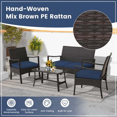 Costway 4PCS Patio Rattan Wicker Furniture Set Cushioned Sofa Armrest Coffee Table Navy 3 Costway 4PCS Patio Rattan Wicker Furniture Set Cushioned Sofa Armrest Coffee Table Navy - Image 3