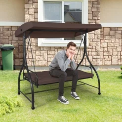 Costway Converting Outdoor Swing Canopy Hammock 3 Seats Patio Deck Furniture Brown -Costway GUEST f8e4b17b 7d87 48ee 957c 76af22f3baf1