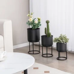 Costway 3 Metal Planter Pot Stand Modern Decorative Flowerpots Set With Drainage Holes