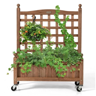 Costway 32in Wood Planter Box W/Trellis Mobile Raised Bed For Climbing Plant 7 Costway 32in Wood Planter Box W/Trellis Mobile Raised Bed For Climbing Plant - Image 7