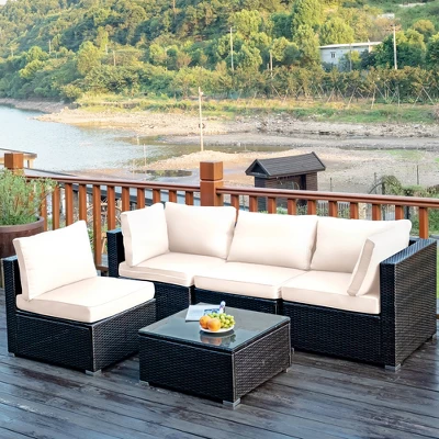 Costway 5PCS Patio Rattan Furniture Set Cushioned Sofa & Chair Coffee Table 2 Costway 5PCS Patio Rattan Furniture Set Cushioned Sofa & Chair Coffee Table - Image 2