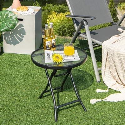 Costway Patio Folding Round Glass Side Table Bistro Coffee Table Plant Stand 4 Costway Patio Folding Round Glass Side Table Bistro Coffee Table Plant Stand - Image 4