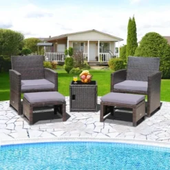 Costway 5PCS Patio Rattan Furniture Set Ottoman Cushioned W/Cover Space Saving Off White/Gray/Red/Turquoise -Costway GUEST fa737bd7 d582 4874 8e8a 844624878c6a
