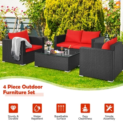 Costway 4PCS Patio Rattan Furniture Set Cushioned Sofa Chair Coffee Table Garden Red 4 Costway 4PCS Patio Rattan Furniture Set Cushioned Sofa Chair Coffee Table Garden Red - Image 4