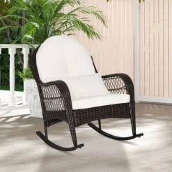Costway Patio Wicker Rocking Chair W/Seat Back Cushions & Lumbar Pillow Porch Off -Costway GUEST fb03ff80 d706 407f b349 c90b3a012beb