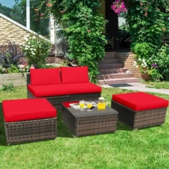 Costway 5PCS Patio Rattan Wicker Furniture Set Armless Sofa Cushioned Red/Turquoise -Costway GUEST fb3b5715 f031 49c8 9e3d a665e32c5a3c
