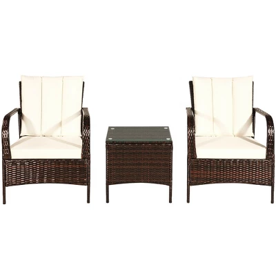 Costway 3 PCS Patio Rattan Furniture Set Coffee Table & 2 Rattan Chair W/White Cushions 8 Costway 3 PCS Patio Rattan Furniture Set Coffee Table & 2 Rattan Chair W/White Cushions - Image 8