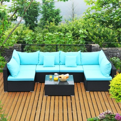 Costway 7PCS Patio Rattan Sofa Set Sectional Conversation Furniture Set Garden Beige NavyRedNavy Blue 10 Costway 7PCS Patio Rattan Sofa Set Sectional Conversation Furniture Set Garden Beige NavyRedNavy Blue - Image 10