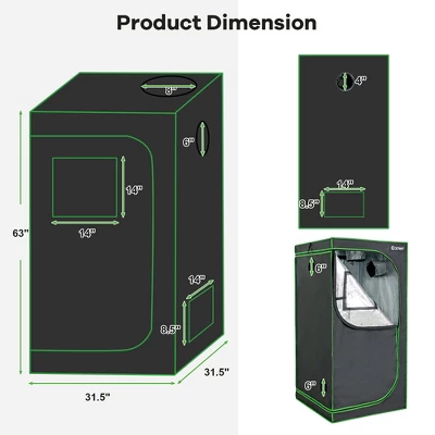 Costway 32''x32''x63''Mylar Hydroponic Grow Tent W/Observation Window & Floor Tray GrayBlack 2 Costway 32''x32''x63''Mylar Hydroponic Grow Tent W/Observation Window & Floor Tray GrayBlack - Image 2