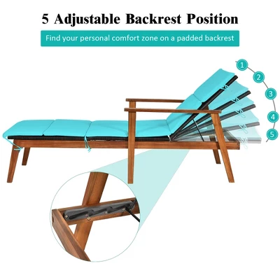 Costway 3PCS Patio Rattan Lounge Chair Folding Table Set Chaise Wood Cushioned WhiteTurquoise 6 Costway 3PCS Patio Rattan Lounge Chair Folding Table Set Chaise Wood Cushioned WhiteTurquoise - Image 6