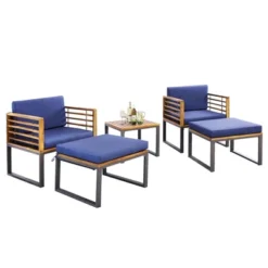 Costway 5pcs Patio Acacia Wood Cushioned Chair Ottoman Table Furniture Set Outdoor Navy -Costway GUEST fe310c02 1278 4cdb bce6 a5edbd99d3a8