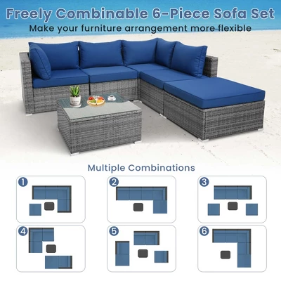 Costway 6PCS Patio Wicker Furniture Set Cushioned Sectional Sofa Coffee Table Navy Deck 4 Costway 6PCS Patio Wicker Furniture Set Cushioned Sectional Sofa Coffee Table Navy Deck - Image 4