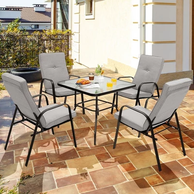 Costway 6PCS Patio Dining Set Stackable Chairs Cushioned Glass Table W/Umbrella 1 Costway 6PCS Patio Dining Set Stackable Chairs Cushioned Glass Table W/Umbrella