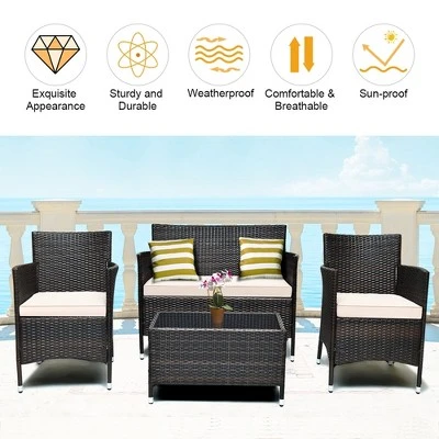Costway 4PCS Patio Wicker Furniture Set Sofa Chair With Brown & Grey Cushion Covers Garden 4 Costway 4PCS Patio Wicker Furniture Set Sofa Chair With Brown & Grey Cushion Covers Garden - Image 4